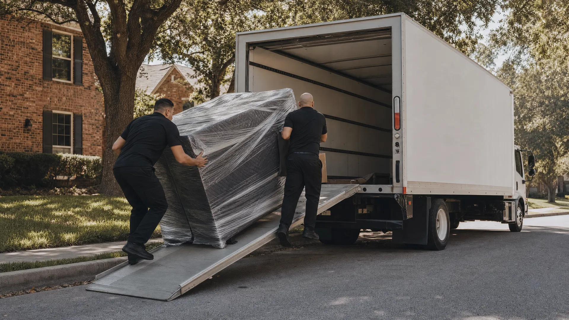 OTG Movers crew loading wrapped furniture into a moving truck in a Plano, TX neighborhood